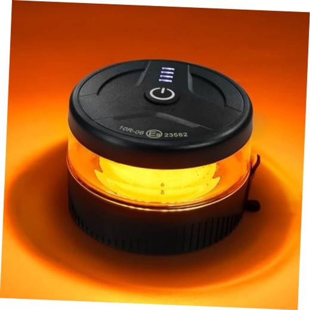 Amber LED strobe beacon light with black magnetic base and top power button