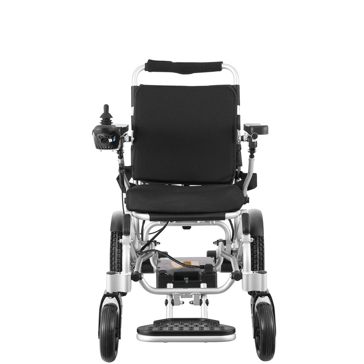 Foldable electric wheelchair front view with black seat cushion and wide foot platform.