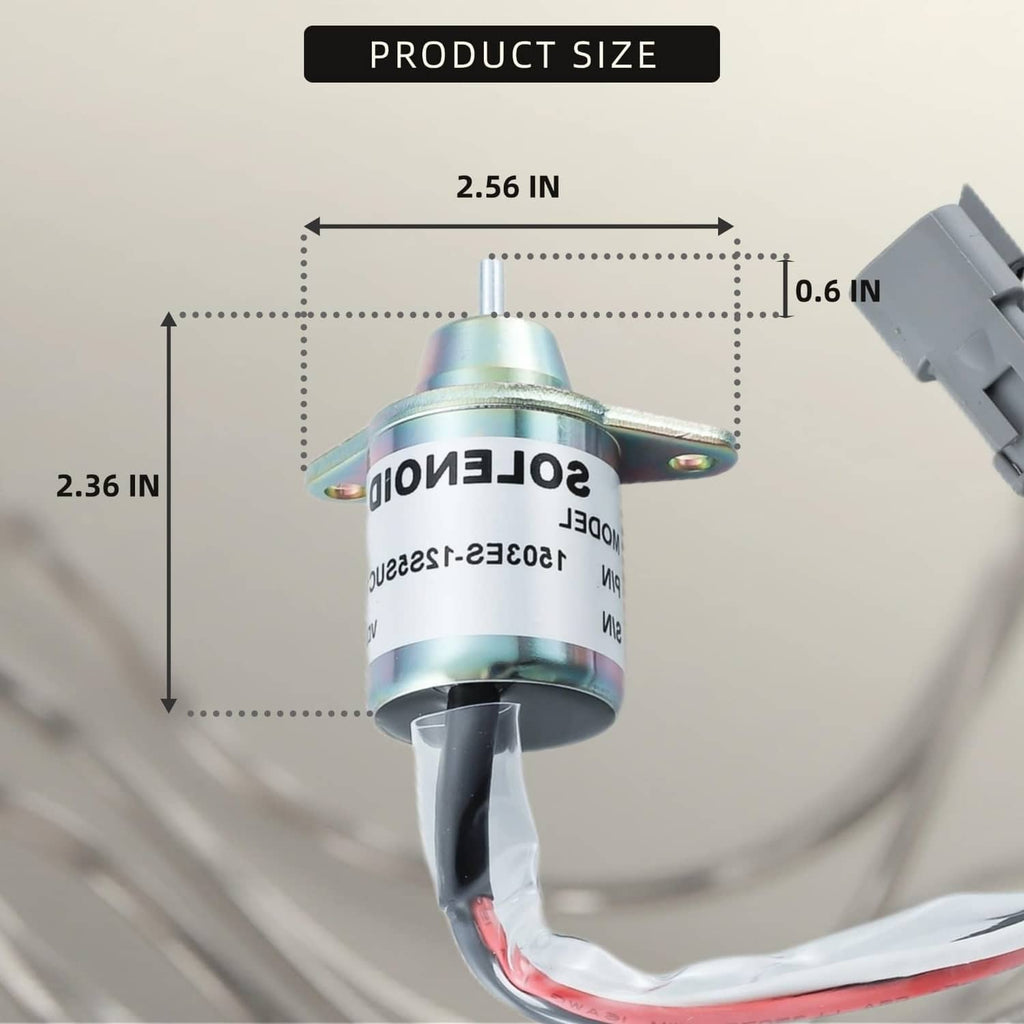 Fuel shut off solenoid with gray connector and red-white wire harness, front view