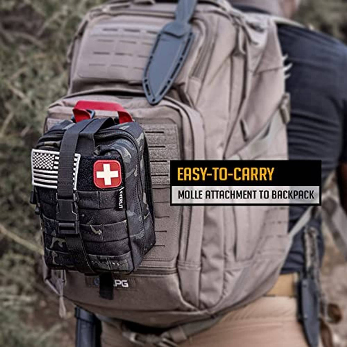Black MOLLE first aid pouch with red cross patch attached to a backpack