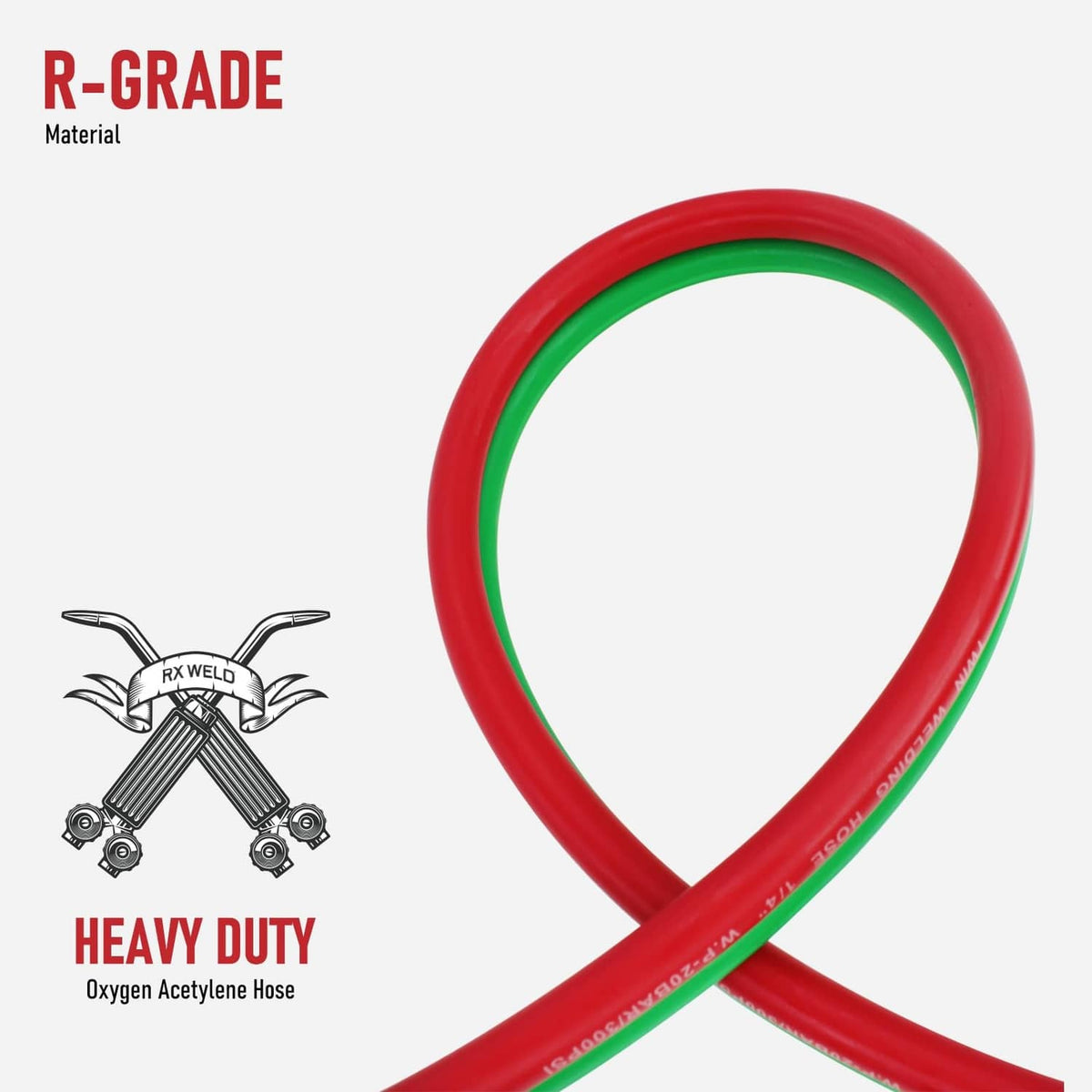 Looped twin welding hose with red outer tube and green inner tube