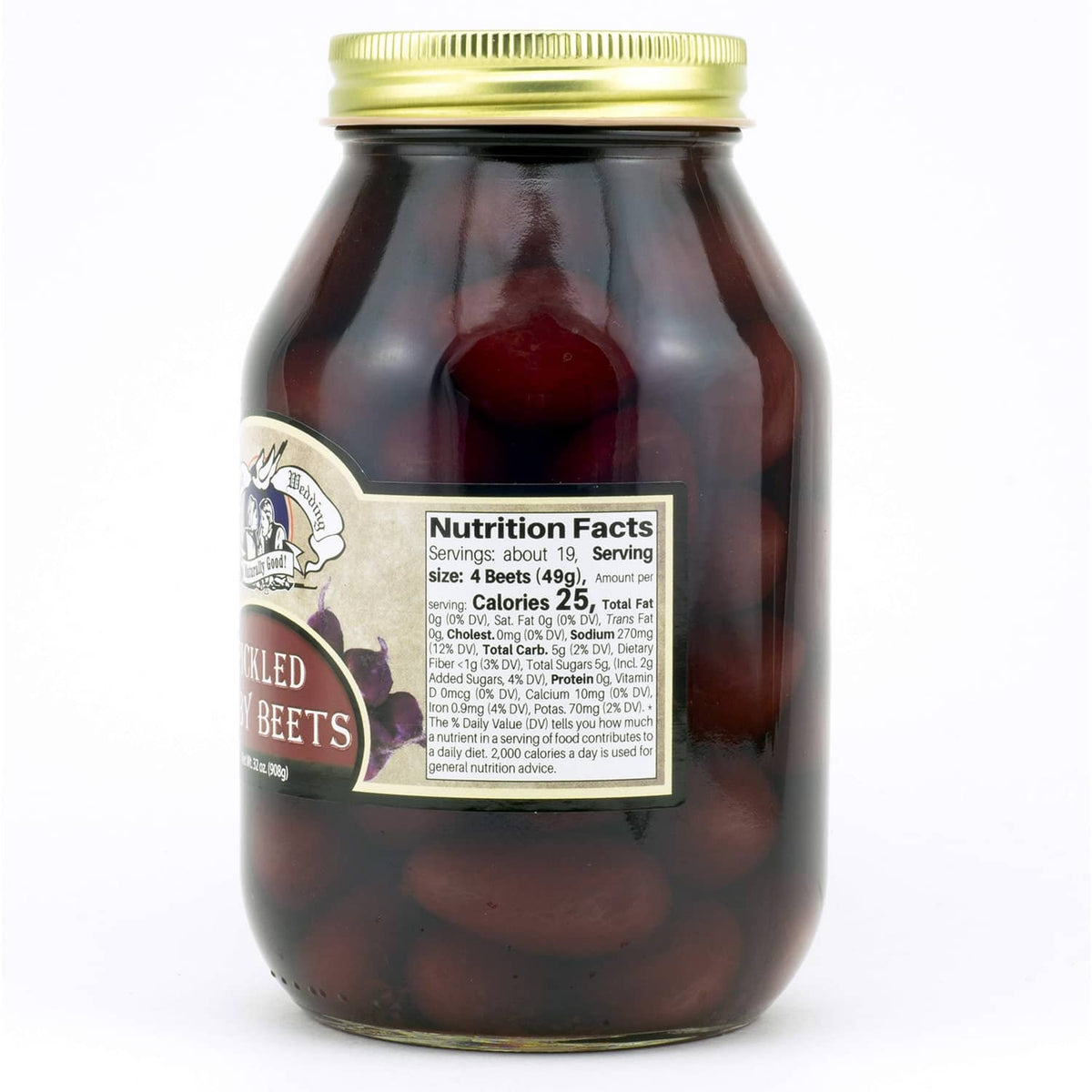 Jar of pickled baby beets with Nutrition Facts label on back, dark red beets