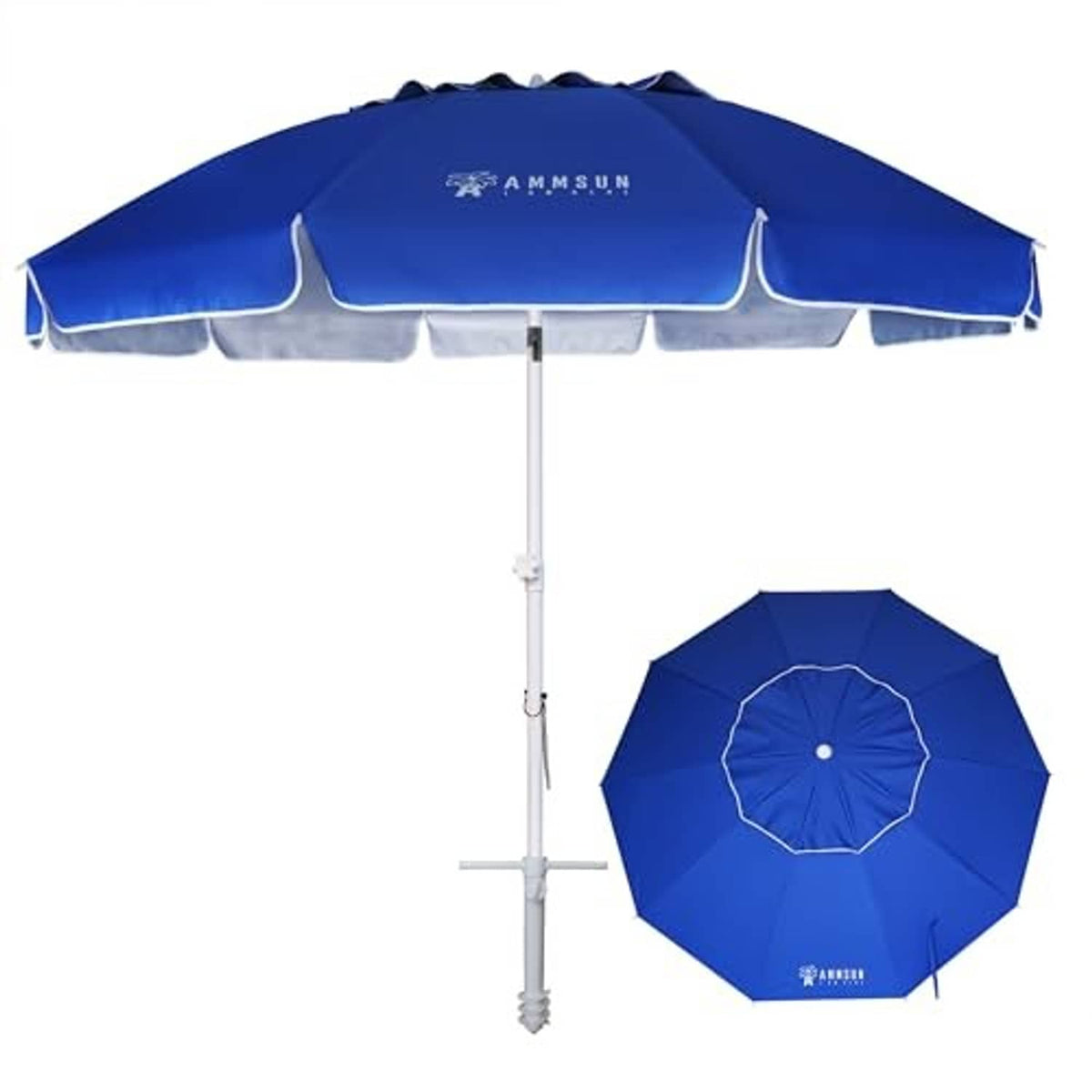 Open blue beach umbrella canopy with central pole; round view inset