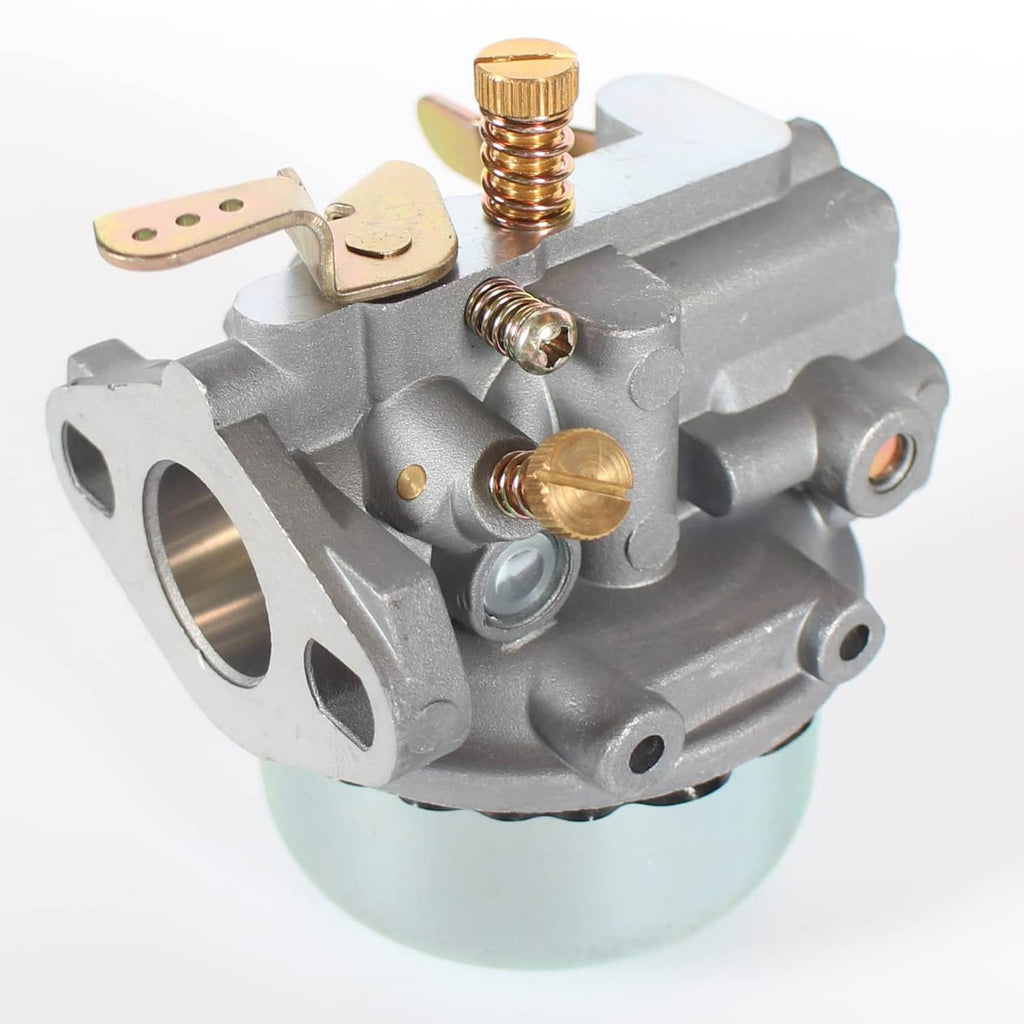 Carburetor with silver cast body, brass adjusters, and mounting holes