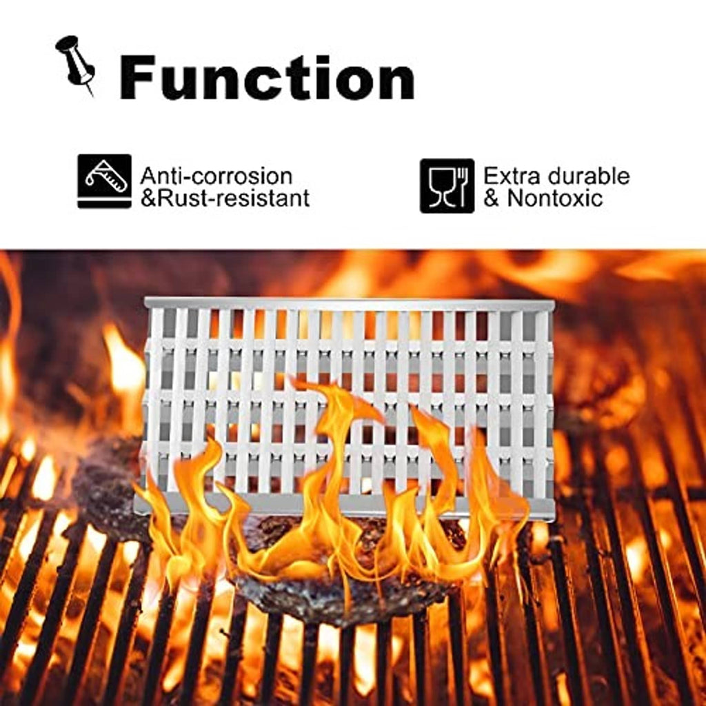 Stainless steel heat shield grate over open grill flames for burner protection