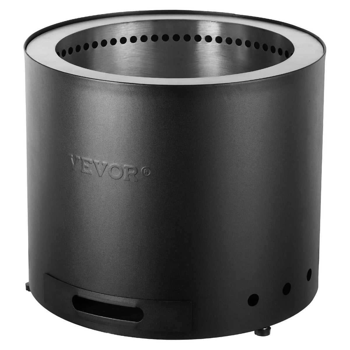 VEVOR fire pit stove close-up: perforated rim, open top, black round exterior