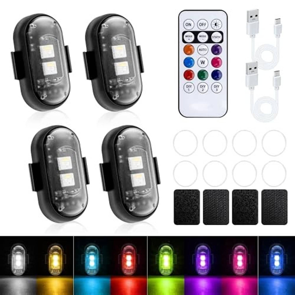 Four black magnetic LED strobe lights, remote controller, and charging USB cables