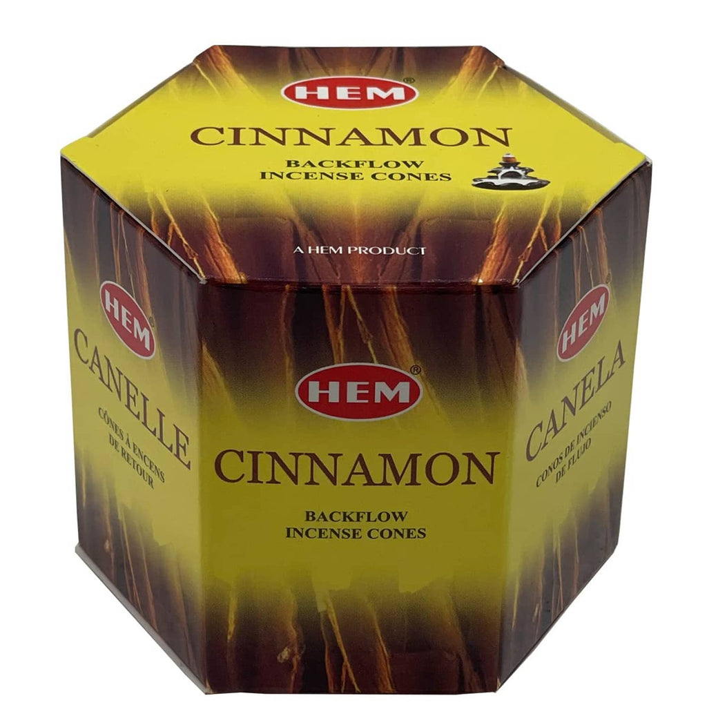 Backflow incense cones cube box with HEM Cinnamon branding and dark brown cones