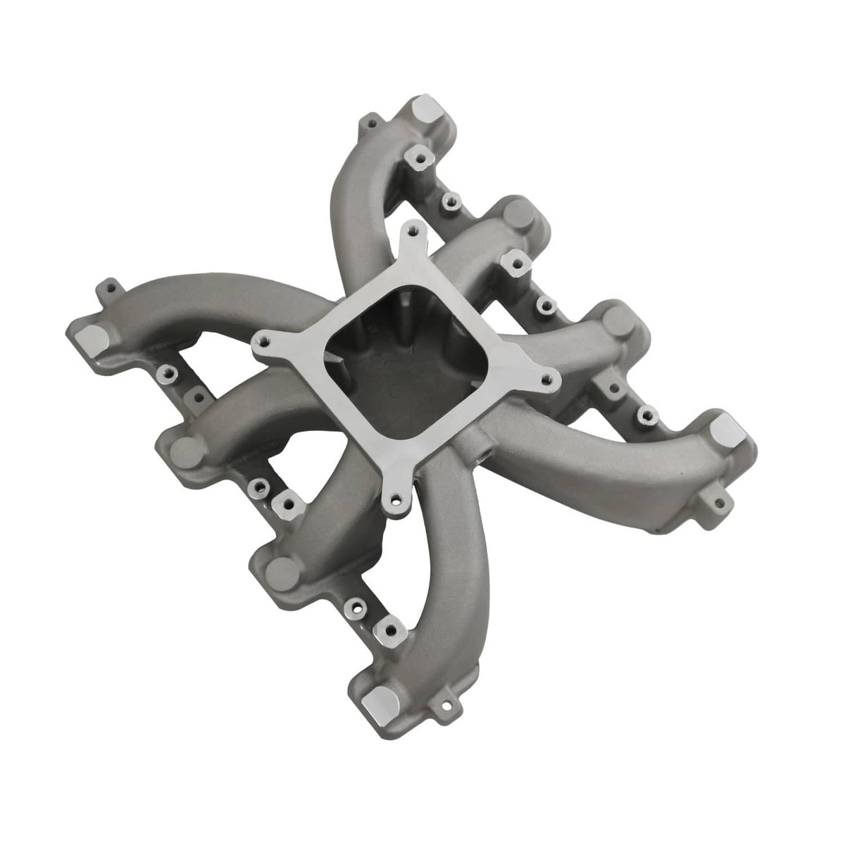 Gray single-plane intake manifold with gasket, square flange opening and curved outlet runners