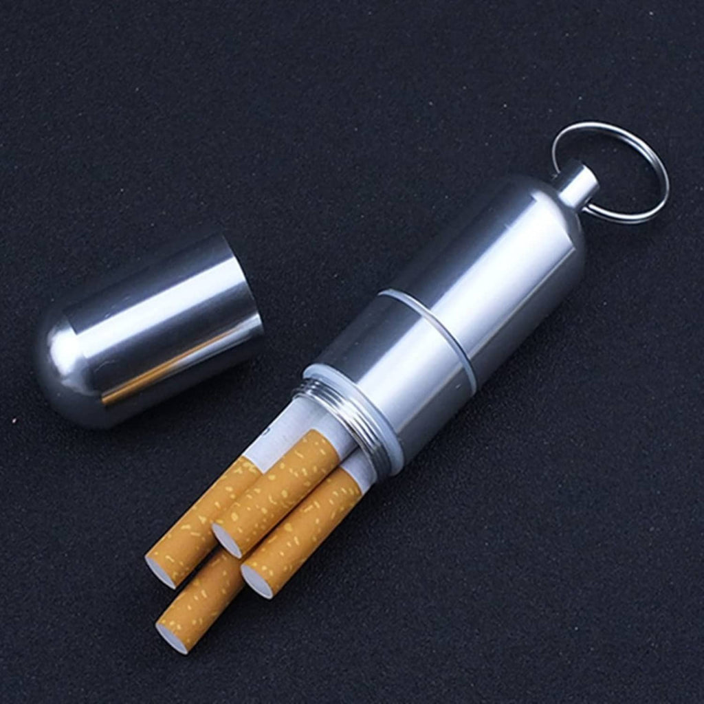 Silver metal cigarette case keychain with cigarettes partially inserted