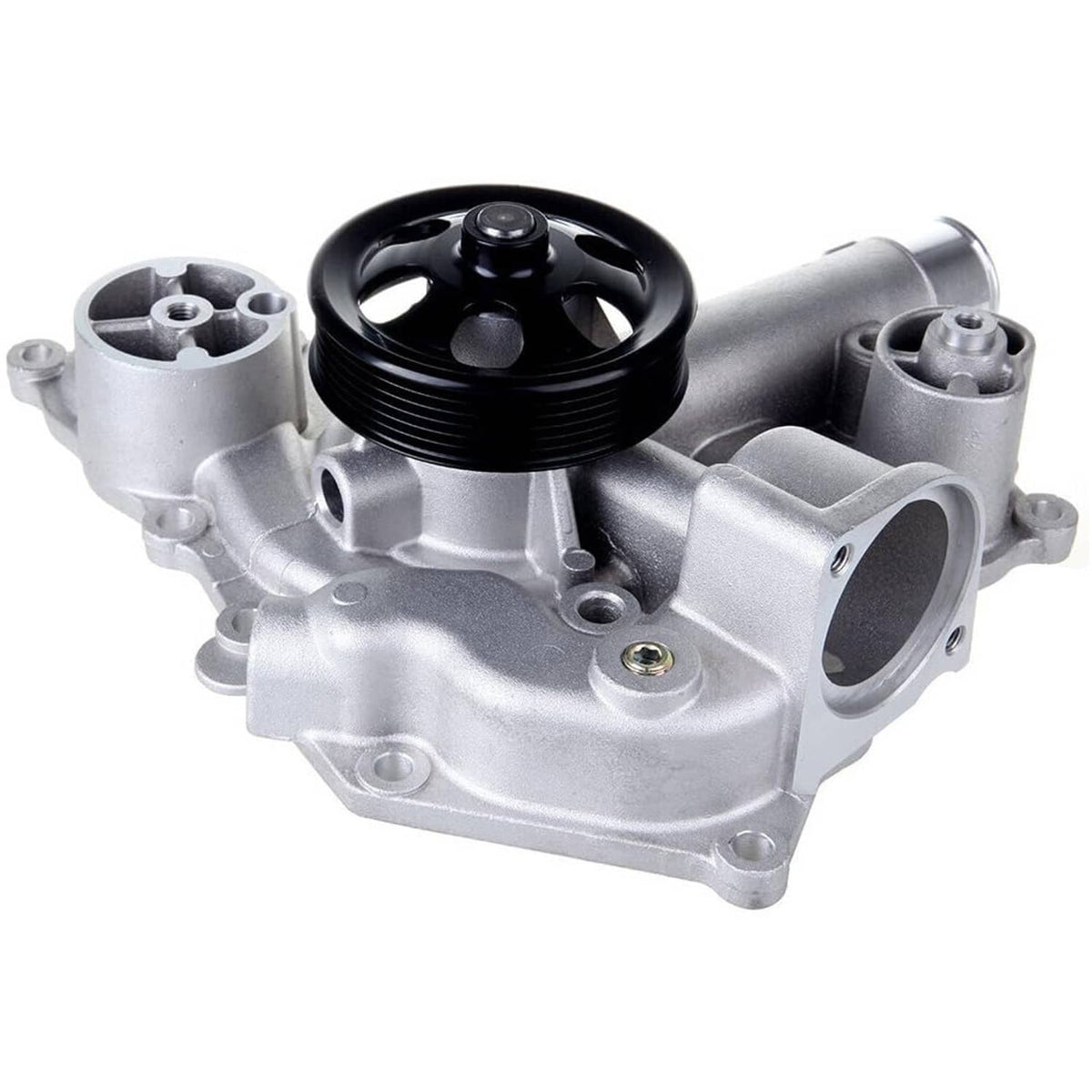 Car water pump with black pulley wheel and silver cast housing, front view