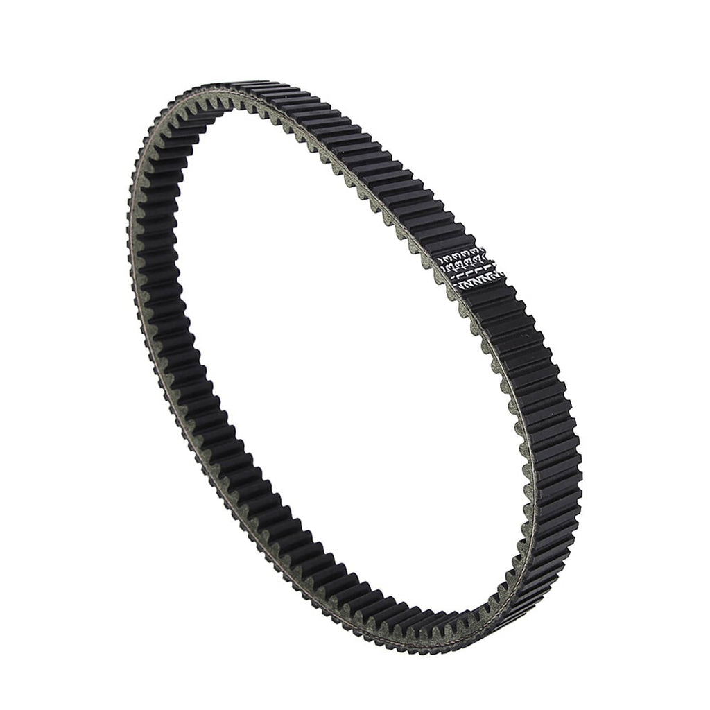 Black toothed drive belt shown angled in a curved loop shape
