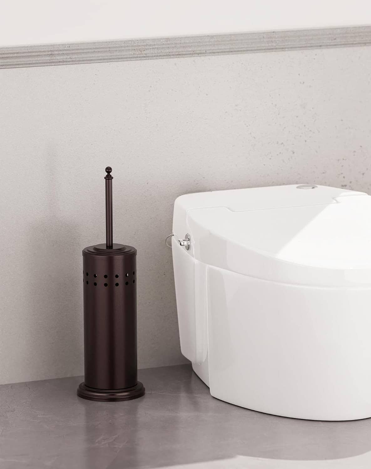 Toilet plunger with dark bronze canister holder next to white toilet