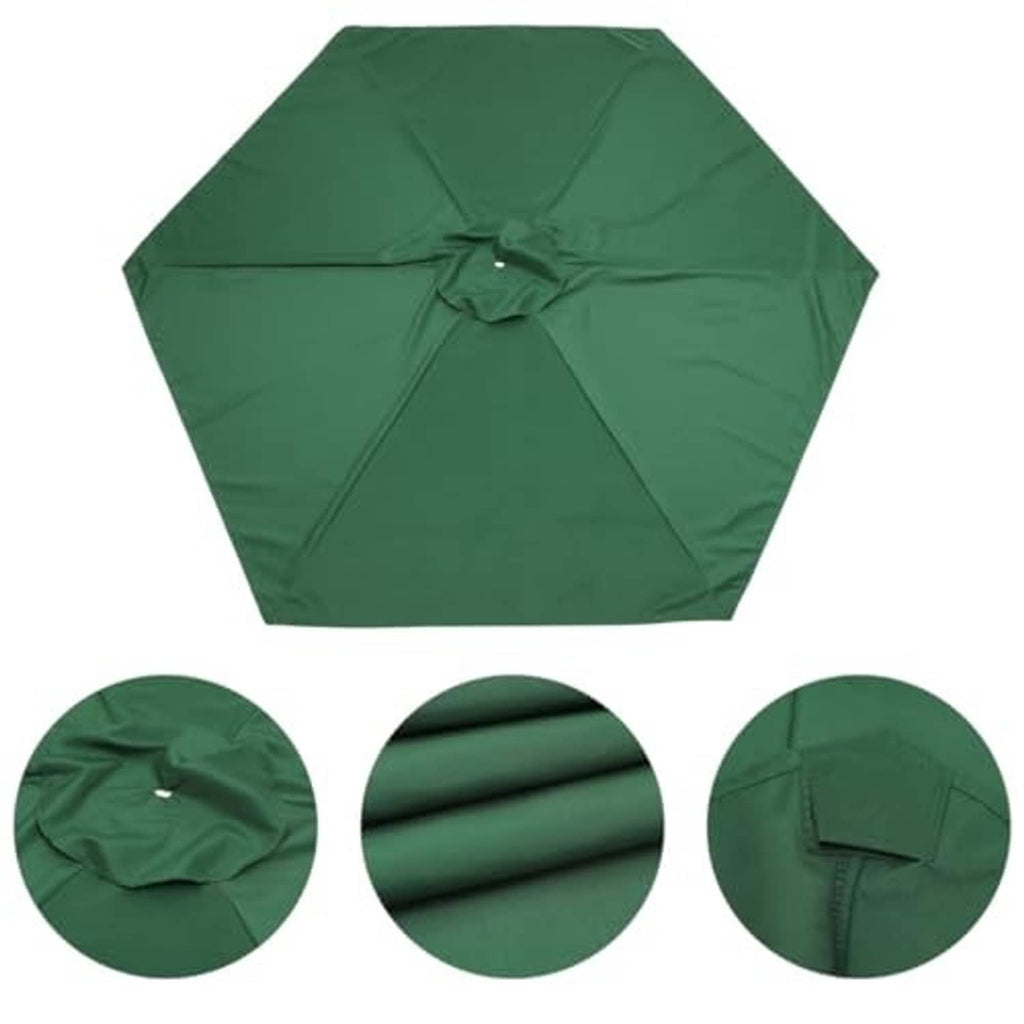 Green umbrella canopy detail set showing rib seams, fabric texture, and stitched edge