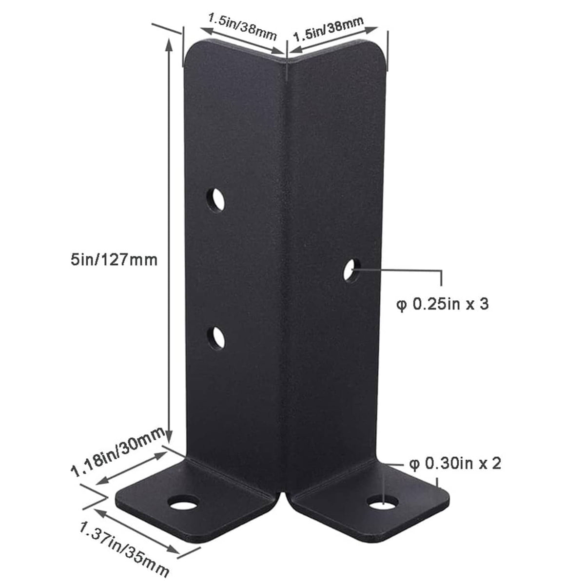 Black metal L-shaped post base bracket with multiple pre-drilled mounting holes