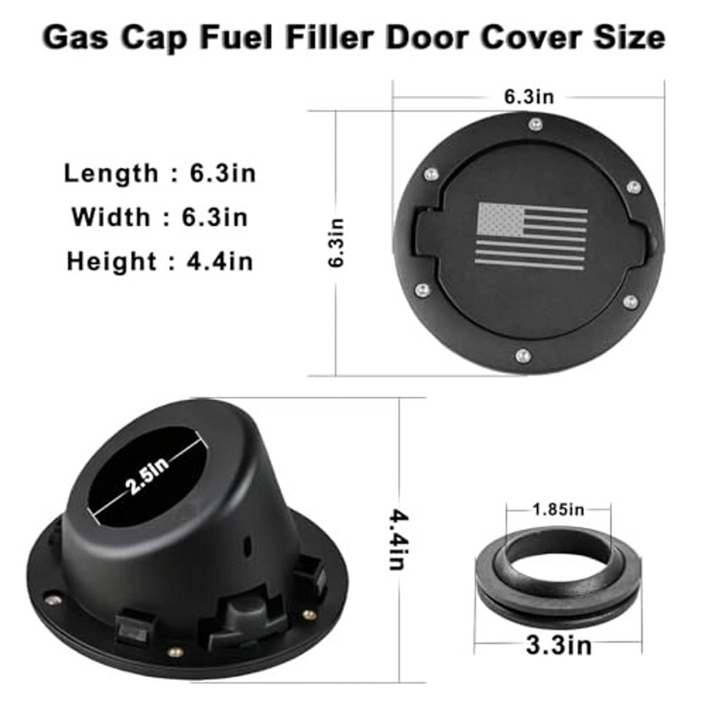 Black round gas cap cover with US flag-style insert, shown with size diagram and gasket
