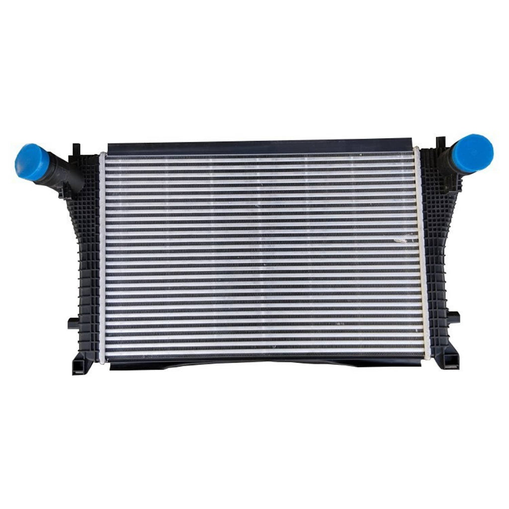 Turbo charge air intercooler, angled view with blue caps and silver bar-and-plate fins