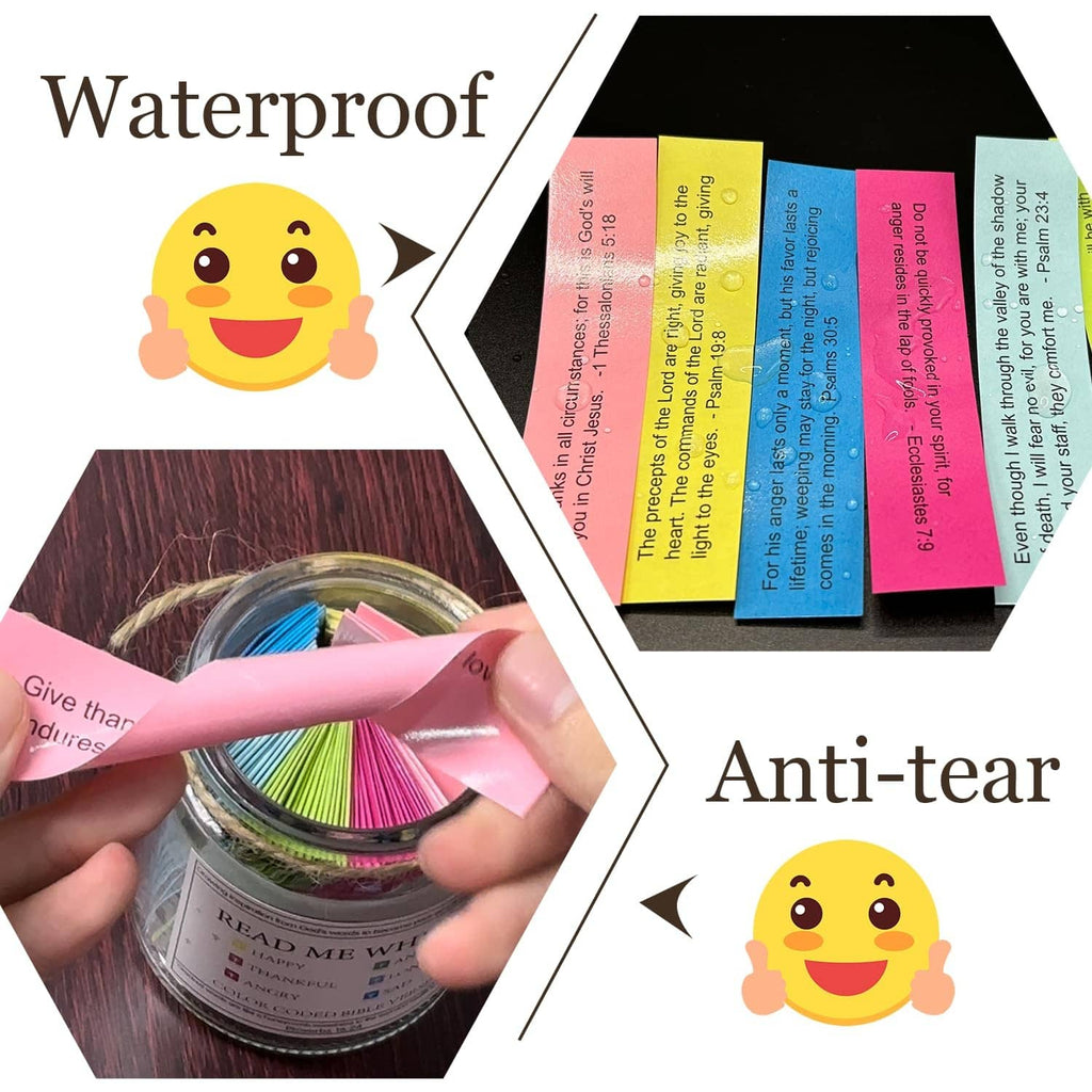 Color-coded Bible verse notes with jar lid, waterproof and anti-tear feature icons