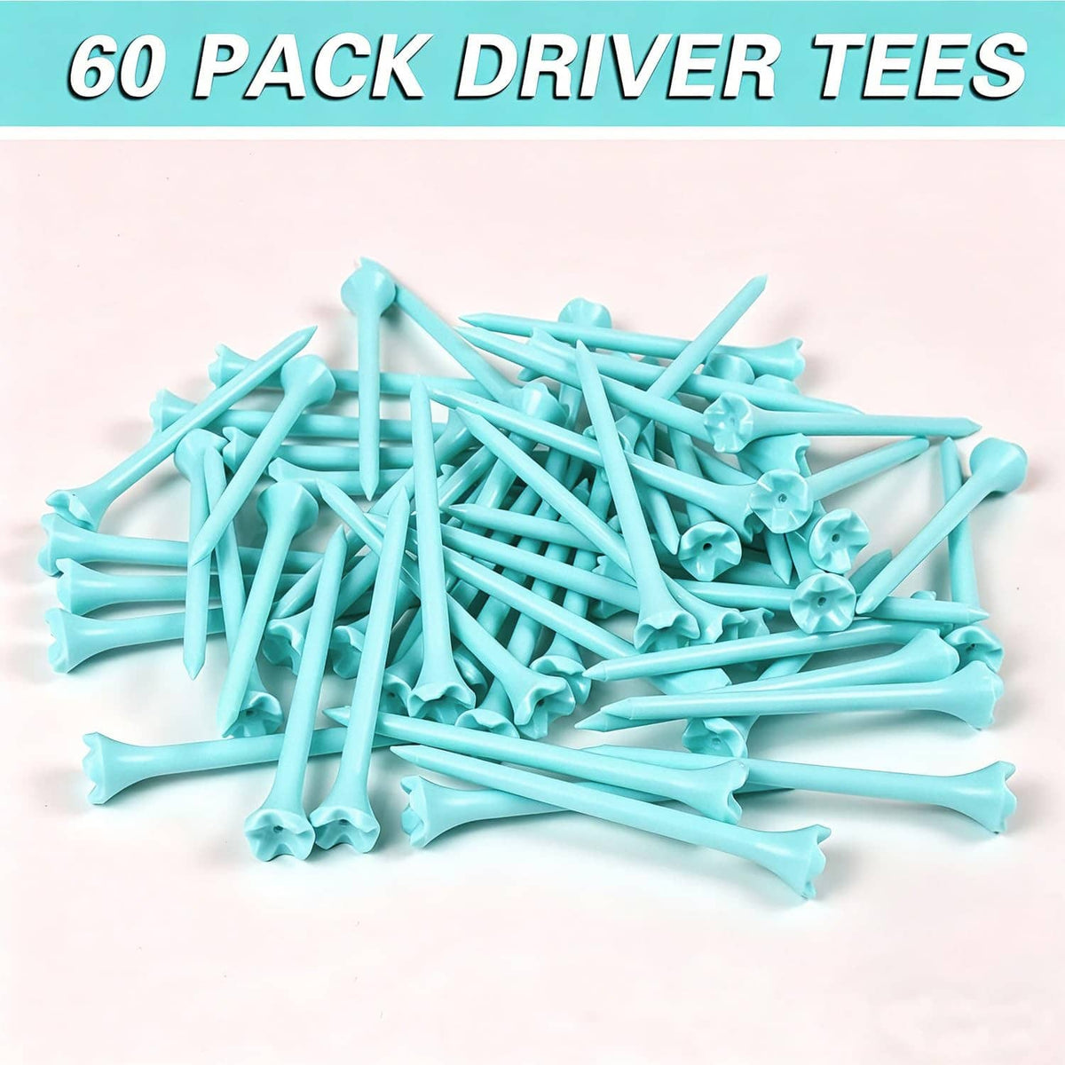 Blue plastic golf tees, bulk pile with flat bases and pointed prongs