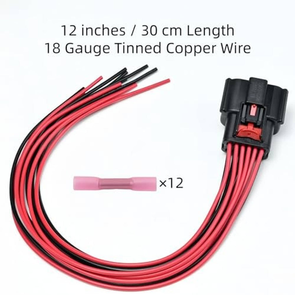 Red and black 12-inch wire leads with beige headlight connector pigtail and heat-shrink tips