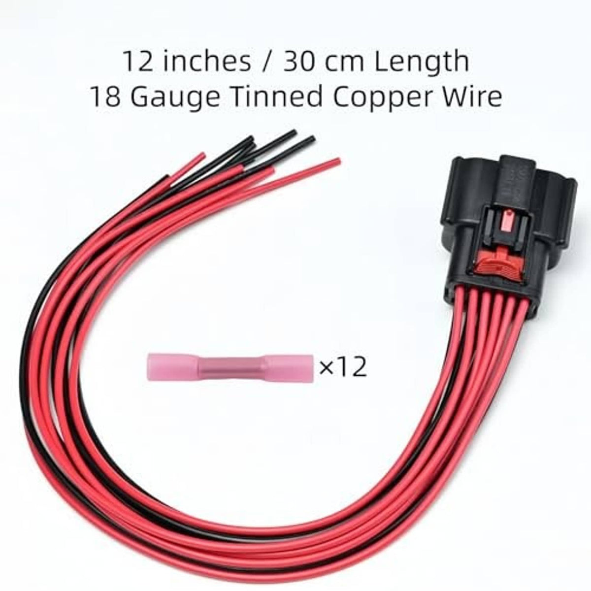 Red and black 12-inch wire leads with beige headlight connector pigtail and heat-shrink tips