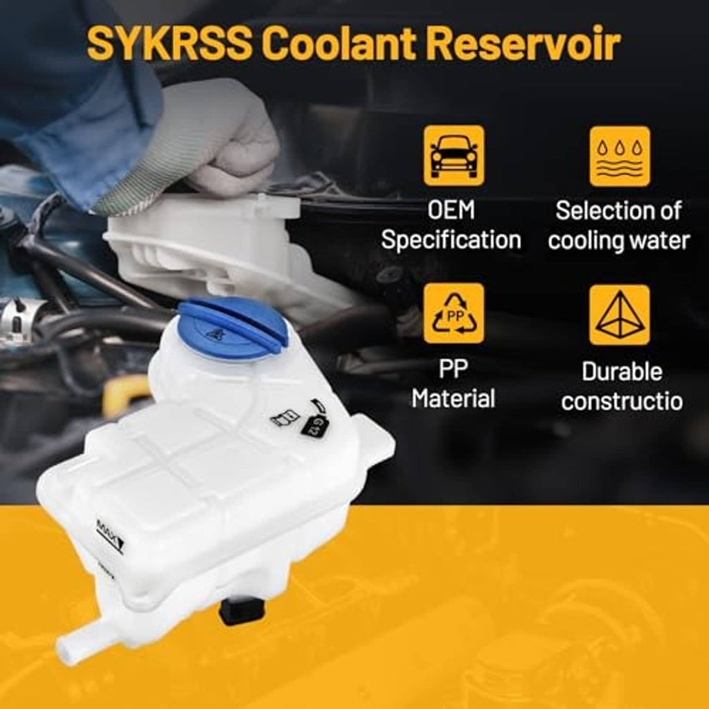 White coolant reservoir overflow tank with blue cap and mounting outlet