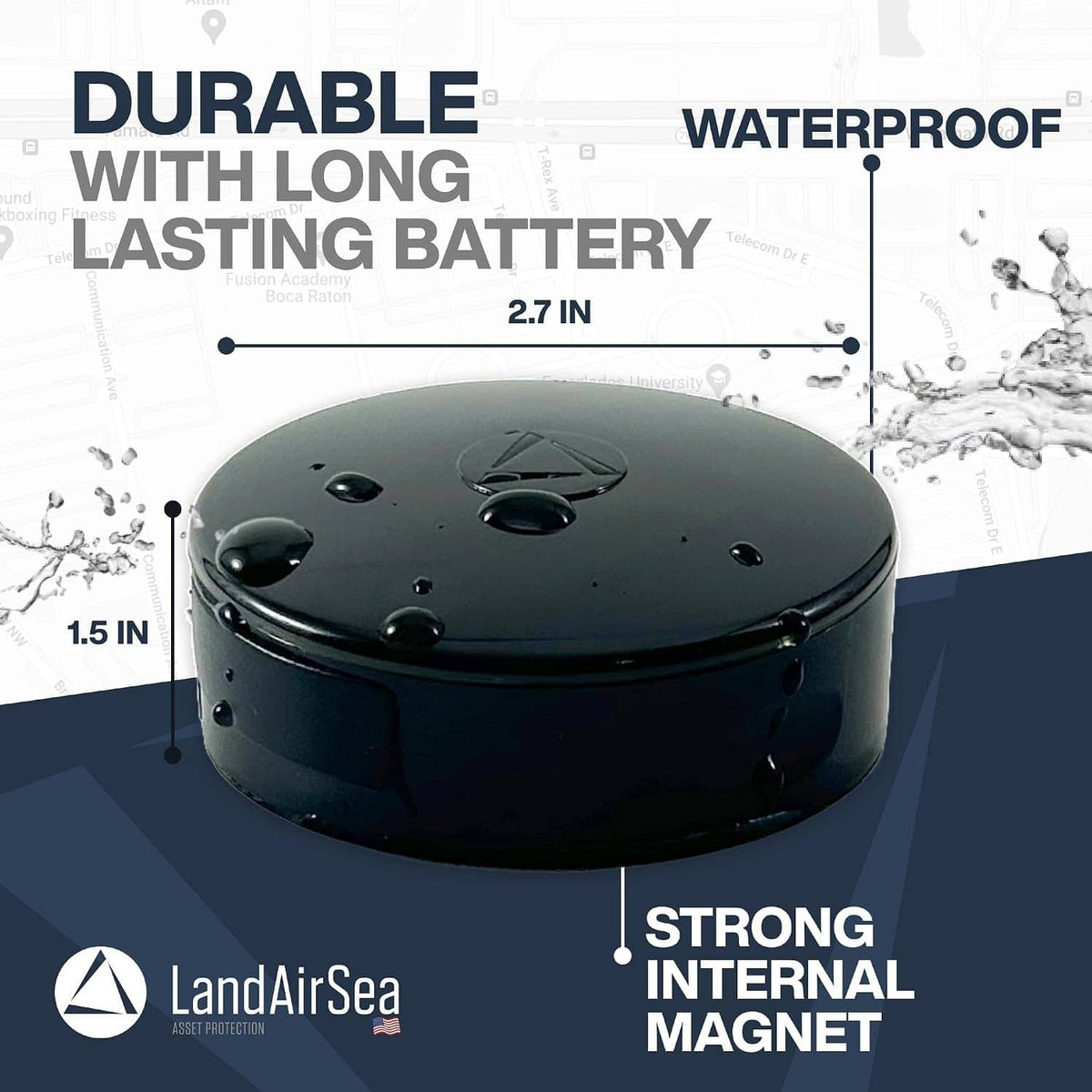 Round black waterproof GPS tracker puck, top view with screw areas and sensor holes.
