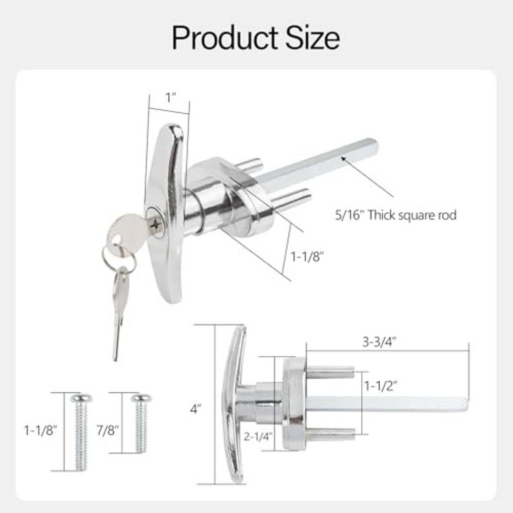 T-handle garage door lock with key cylinder, size diagram, silver metal