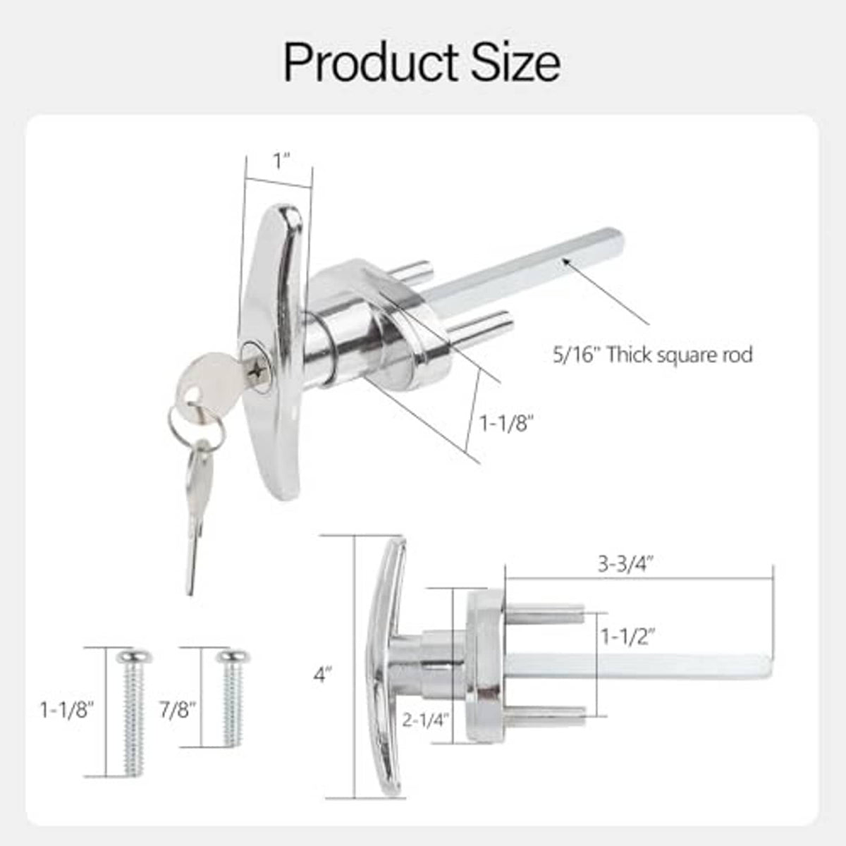 T-handle garage door lock with key cylinder, size diagram, silver metal