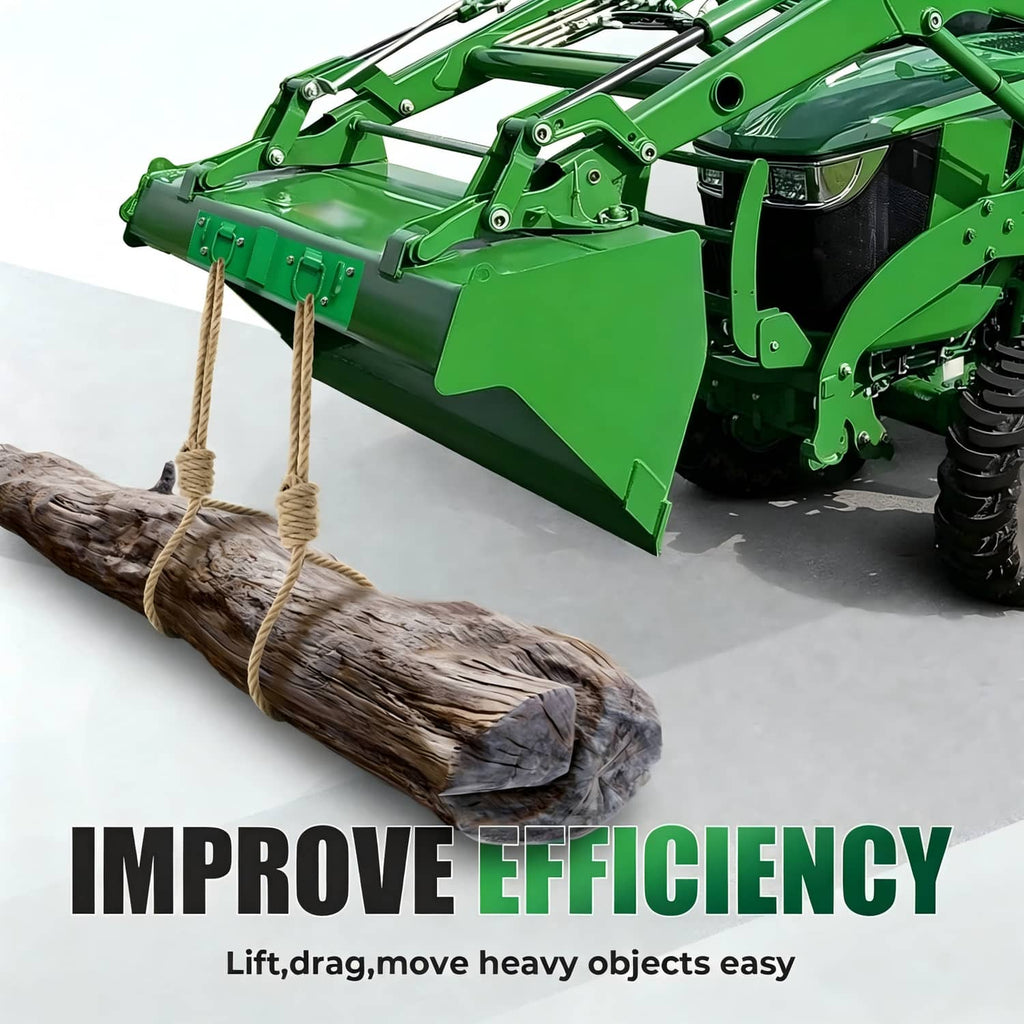 Green steel receiver grab hooks attached to a tractor for securing heavy logs