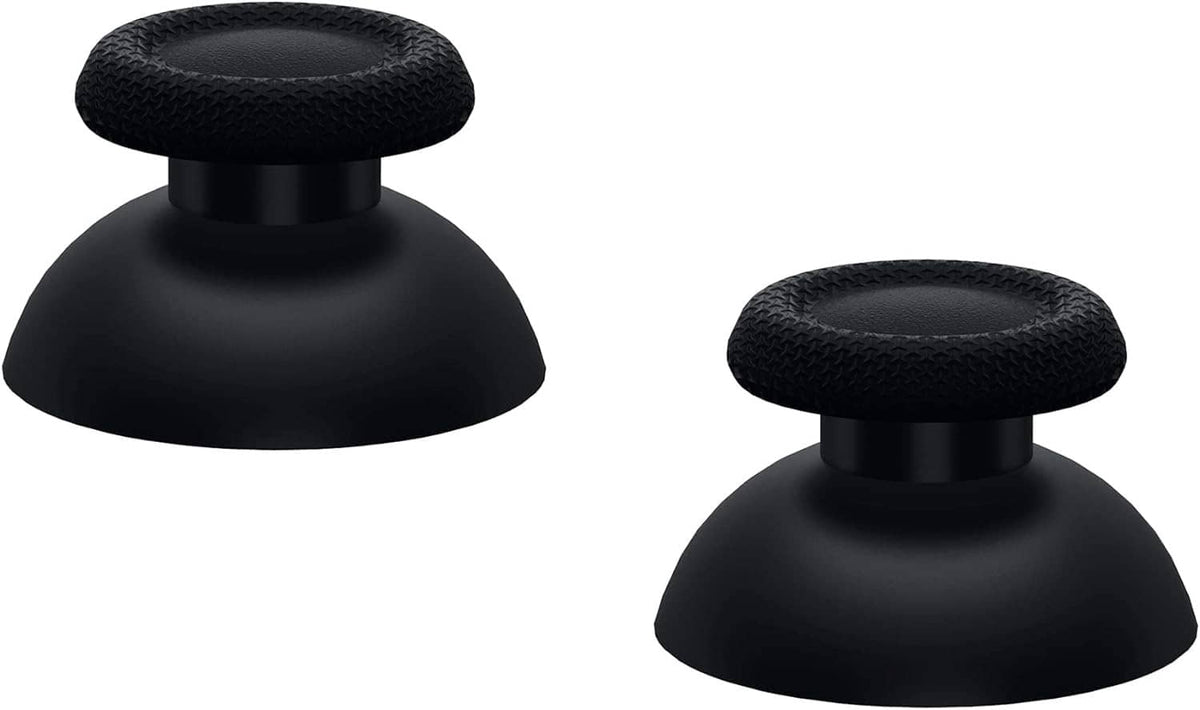 Black replacement thumbsticks for PS5 controller, two textured grips in open view