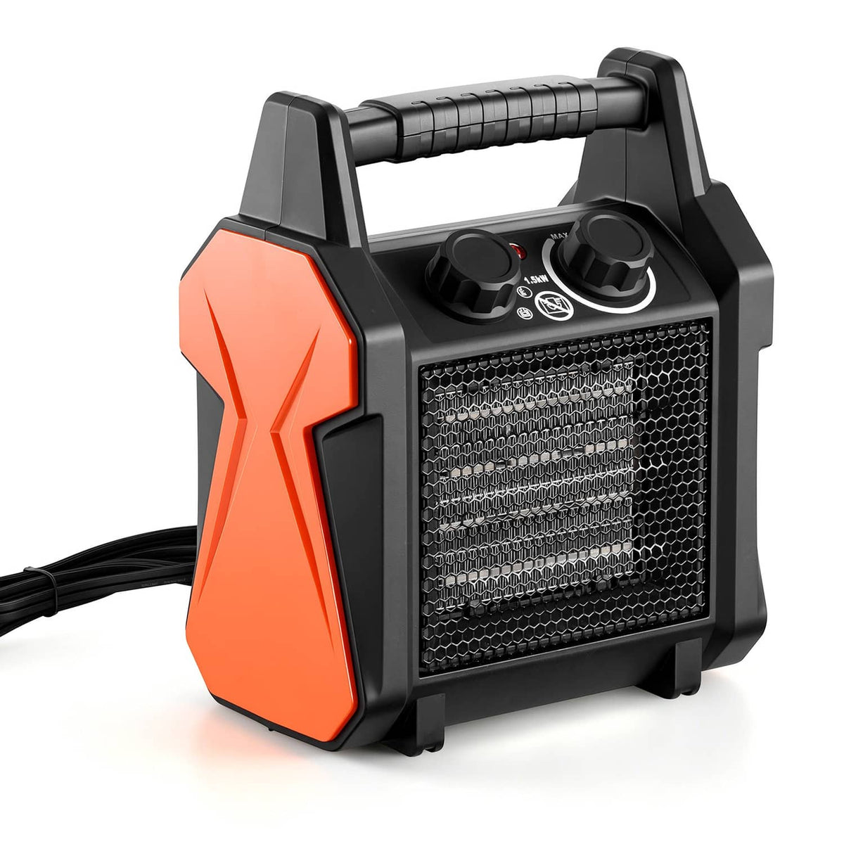 Electric greenhouse heater with front heat grille, orange accent, and black carry handle