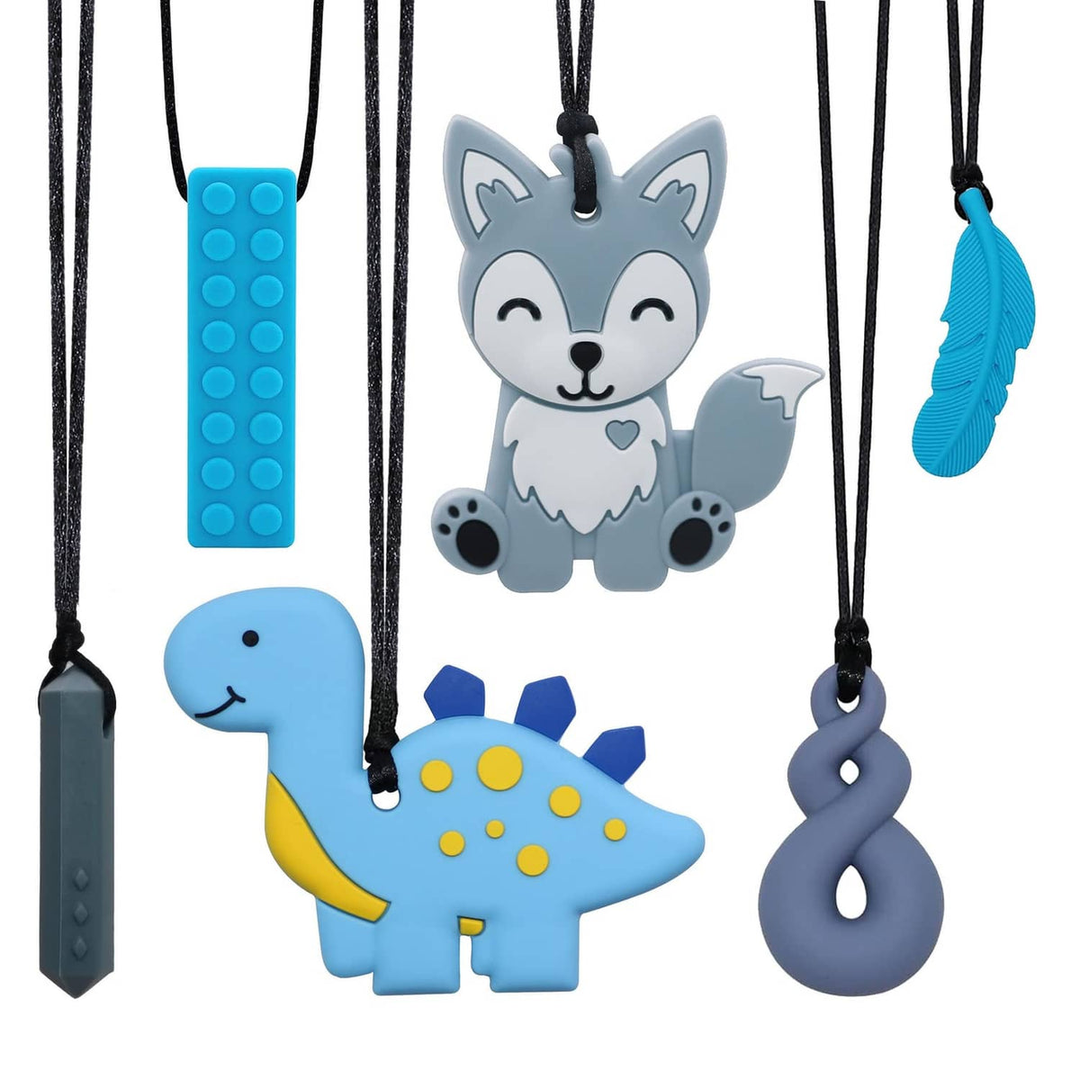 Kids silicone chew necklace set with blue dinosaur, wolf, and textured pendants on black cords