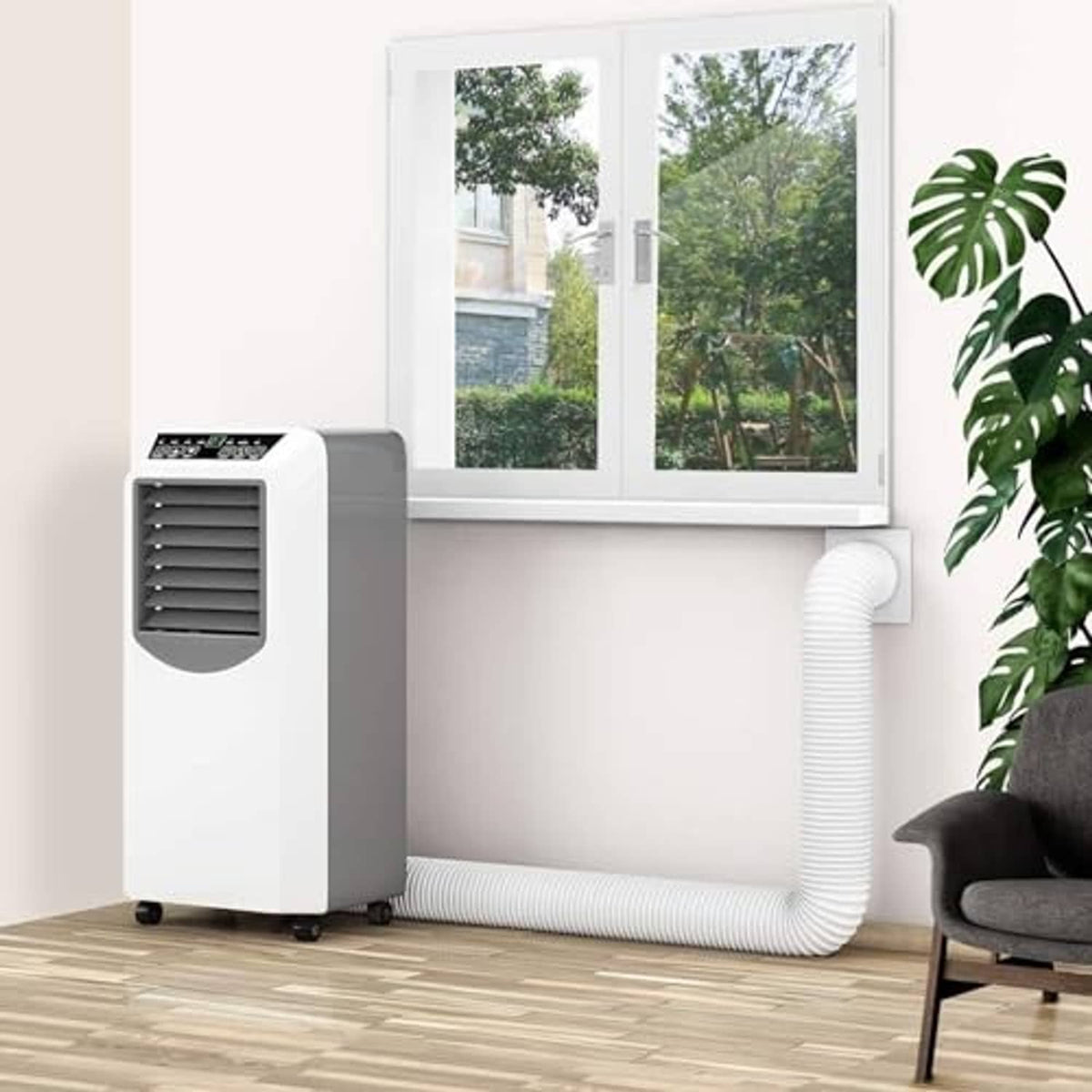 Portable AC exhaust hose with window coupler, white ribbed duct routed through window