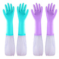 Reusable long-sleeve dishwashing gloves in teal and purple with textured white cuffs