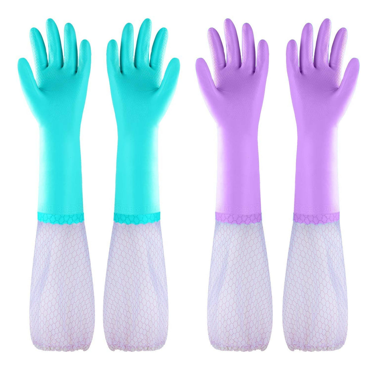 Reusable long-sleeve dishwashing gloves in teal and purple with textured white cuffs