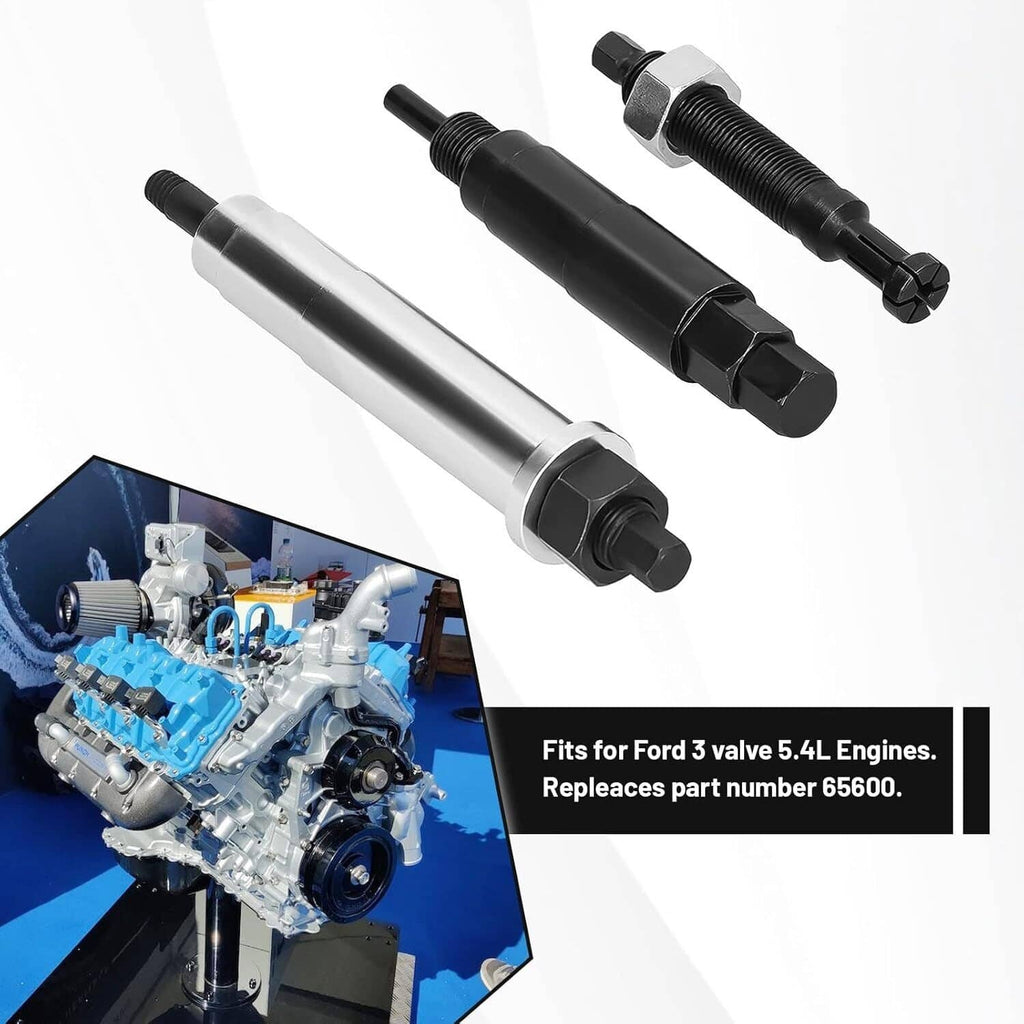 Spark plug remover tool parts, chrome cylinder and black threaded rods for Ford engines