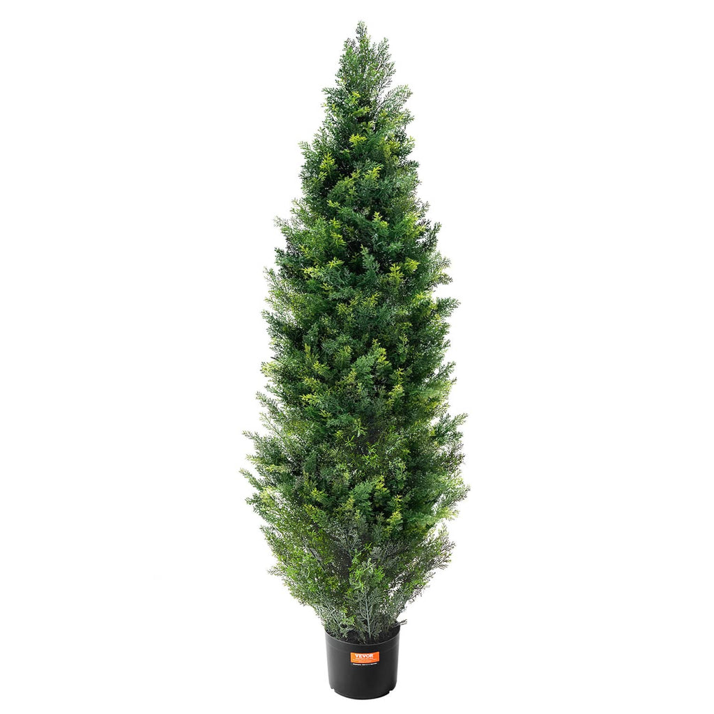Artificial cedar topiary tree with tapered cone shape and dense green foliage in black pot