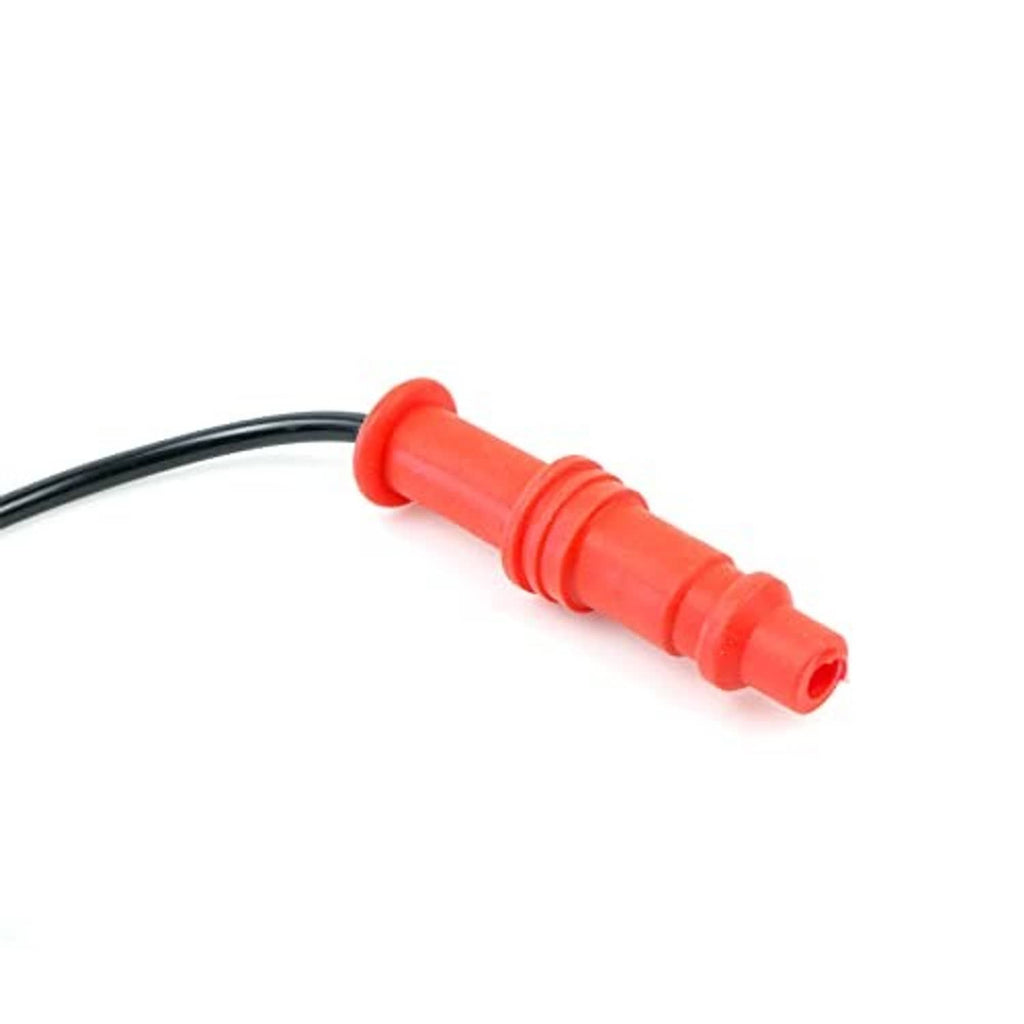 Red spark plug boot with ribbed insulator tip and black wire lead