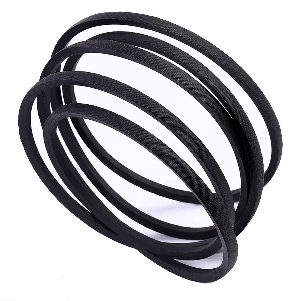 Lawn mower deck belt, black rubber coiled loops showing multiple belt runs
