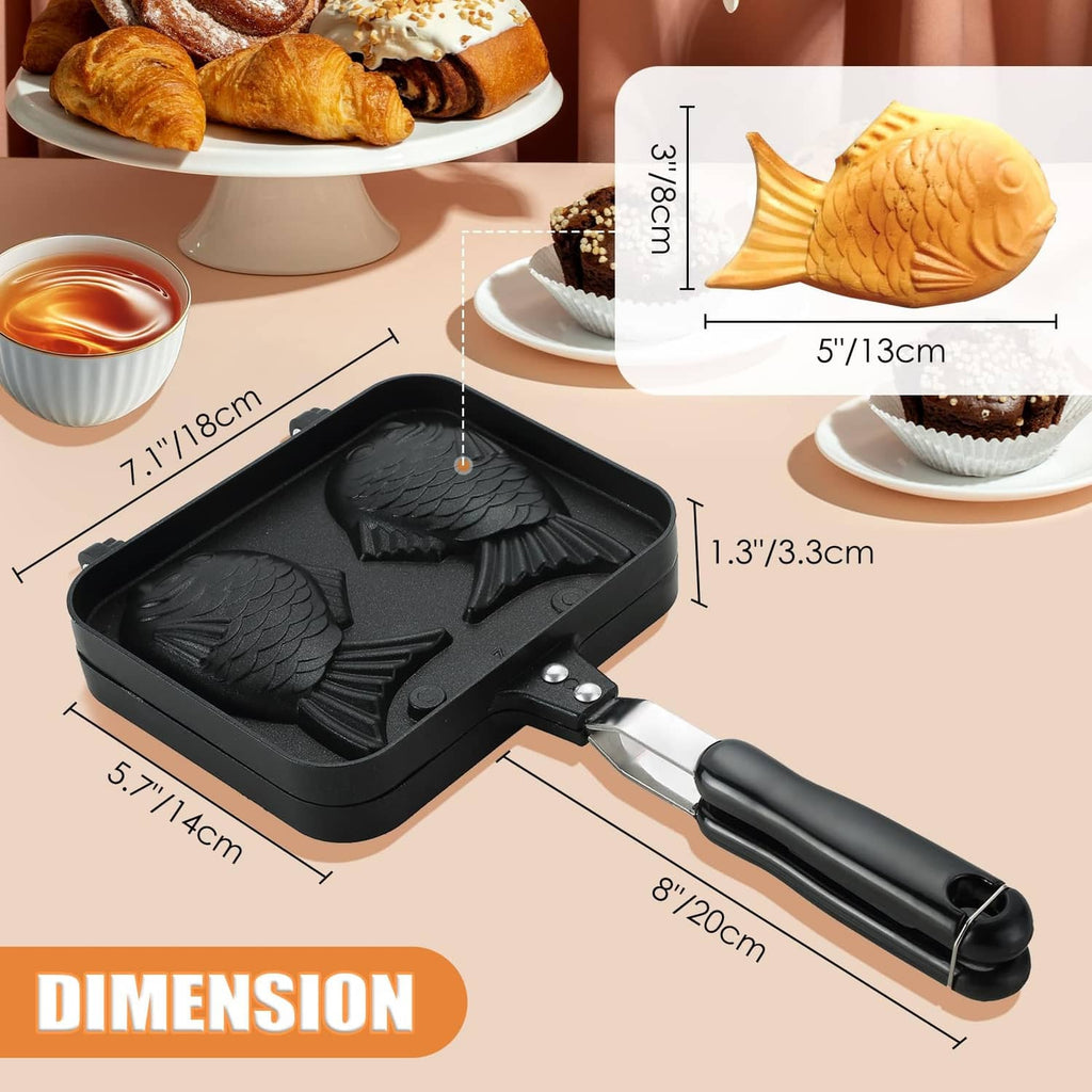 Black fish-shaped waffle maker with two taiyaki molds and baked fish pastries