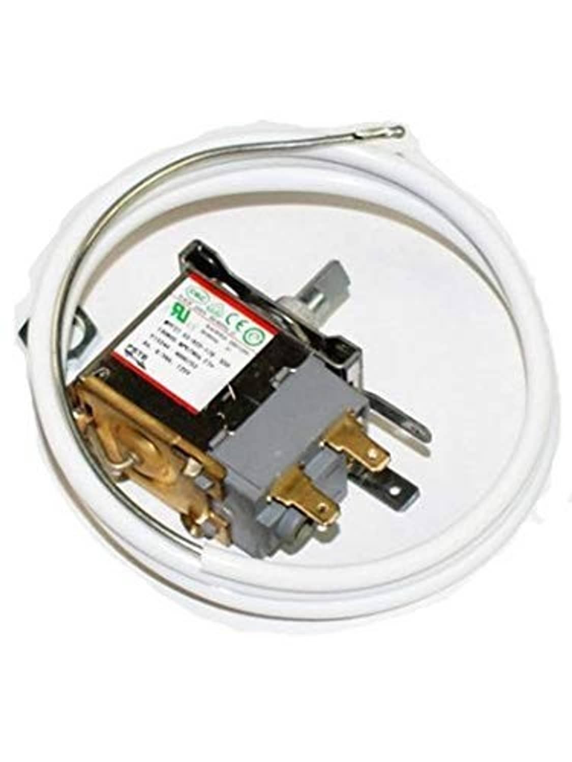 Refrigerator thermostat control with wiring harness, metal terminals and white leads