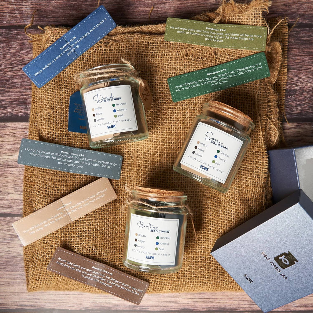 Bible verse jar set with burlap pouch, multiple jars, and navy gift box with tags.