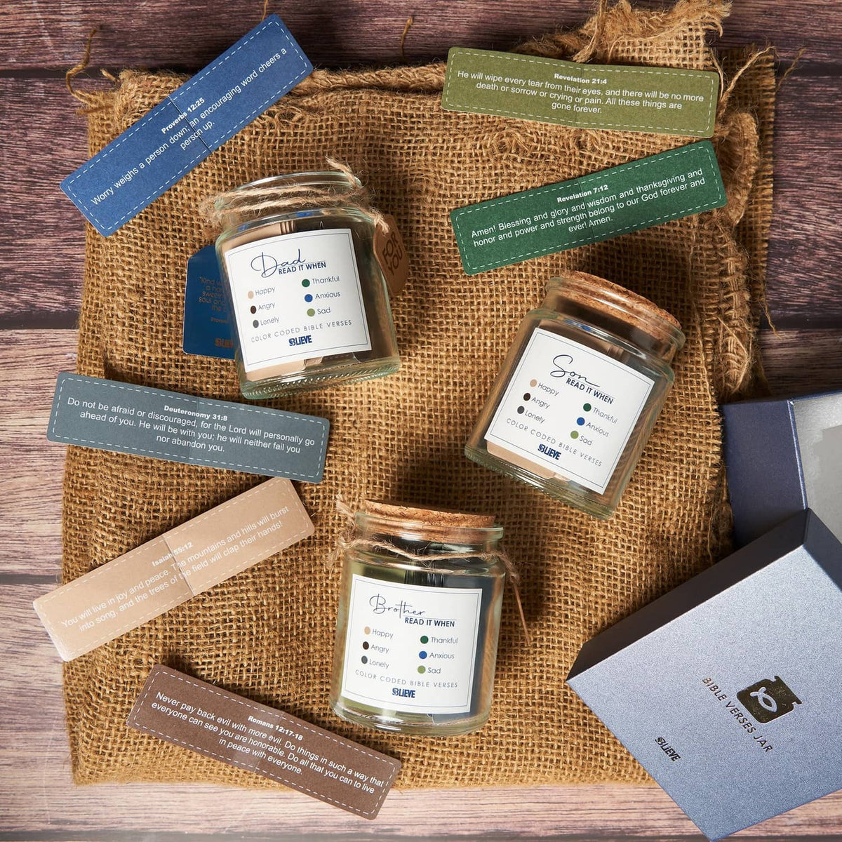 Bible verse jar set with burlap pouch, multiple jars, and navy gift box with tags.