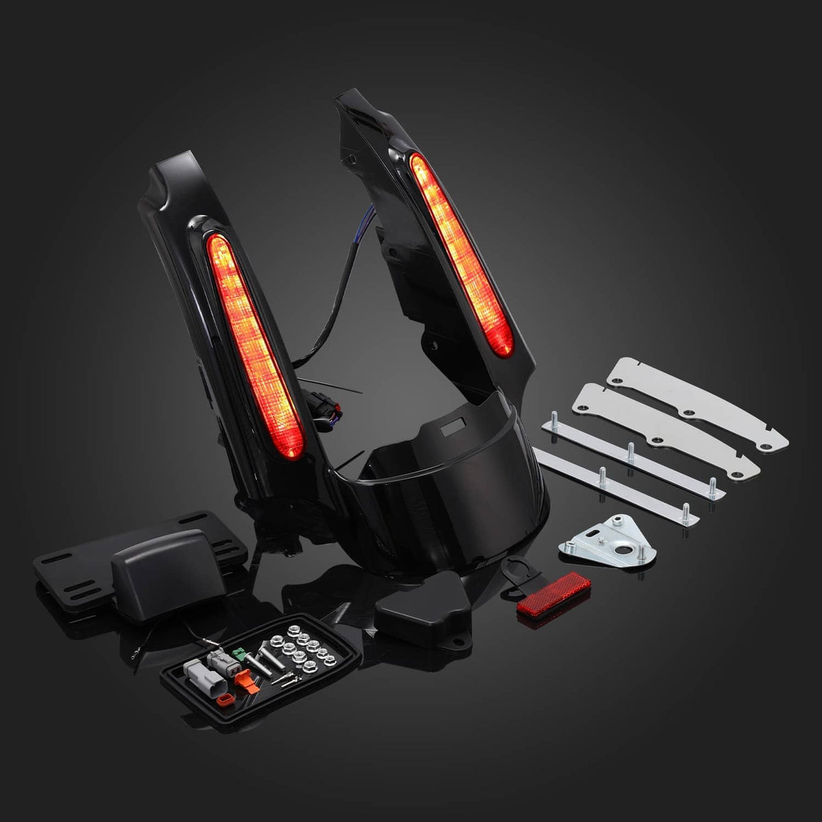 Black rear fender LED light fascia with two illuminated red vertical LED strips