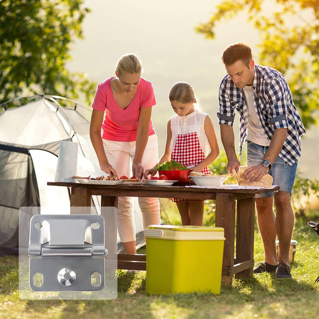 Stainless steel cooler hinge mounted on cooler lid for outdoor use.