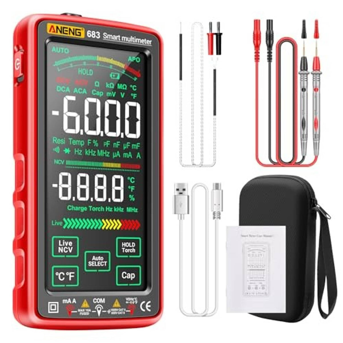 Red digital smart multimeter with touchscreen and included probe lead set