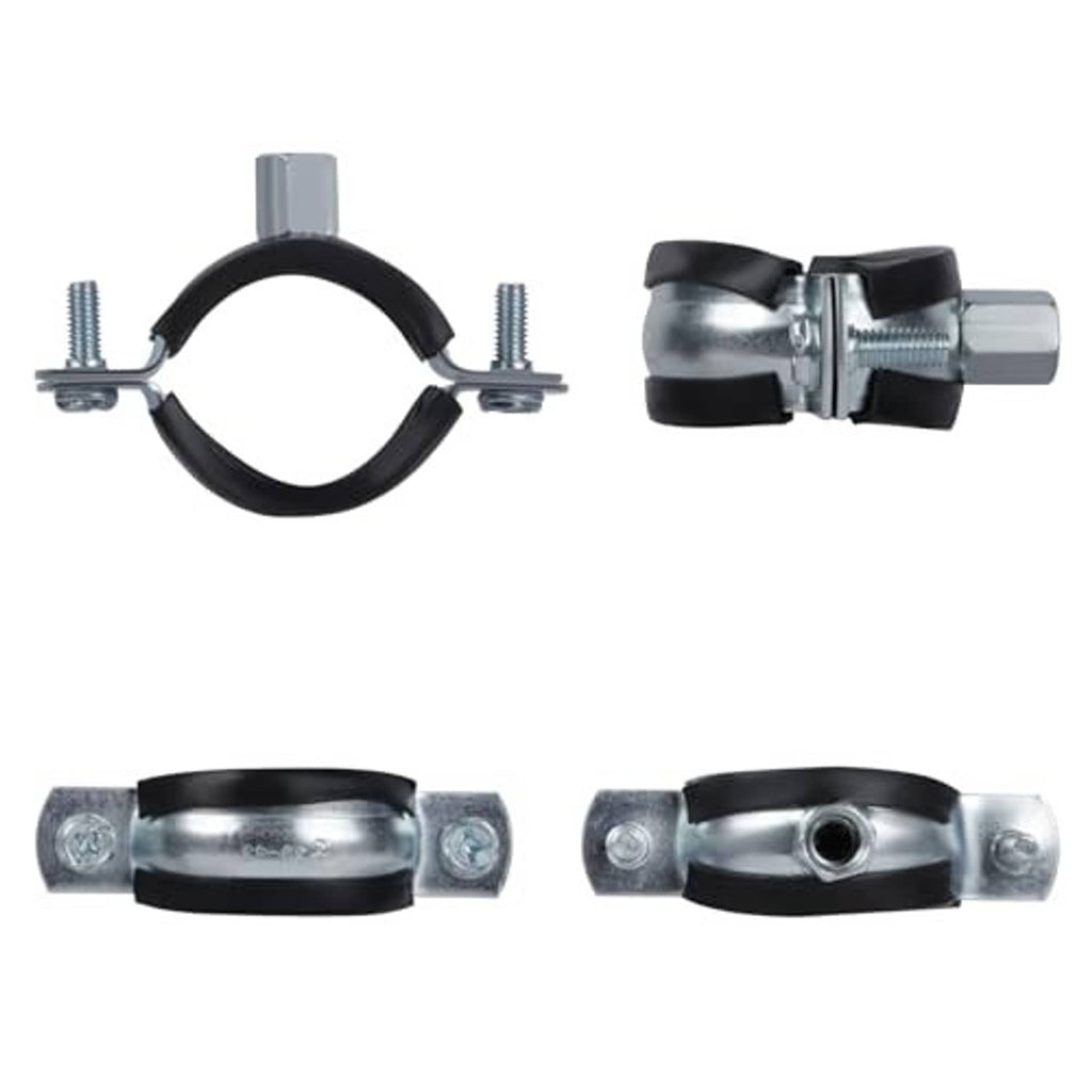 Black split ring pipe hanger with galvanized clamp strap and mounting bolts, hardware shown.