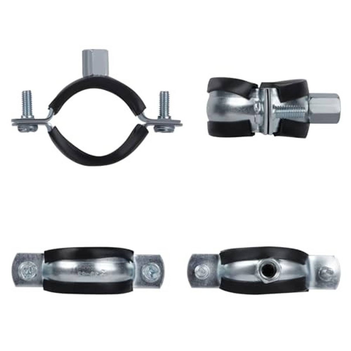Black split ring pipe hanger with galvanized clamp strap and mounting bolts, hardware shown.