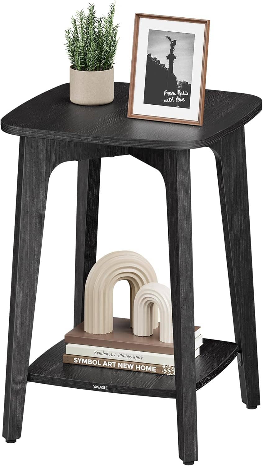 VASAGLE 2-tier side table with dark top, tapered legs, and cream decor arches